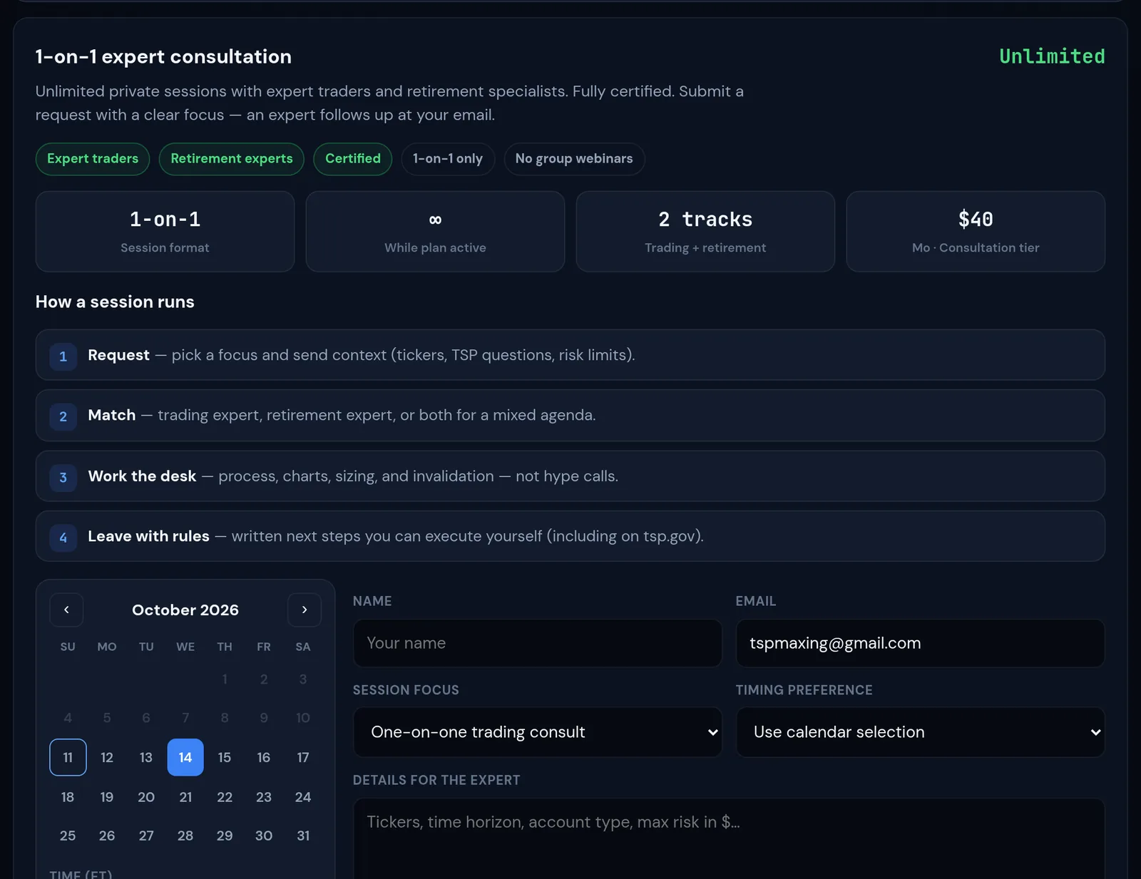 Booking calendar with date, time slot and counselor selection