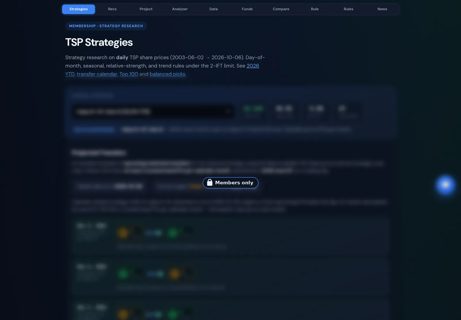 Strategies page with strategy picker and projected transfers (details blurred, members only)