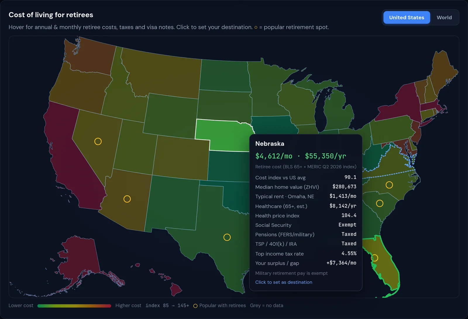 U.S. cost-of-living map with a hover tooltip showing retiree costs and taxes